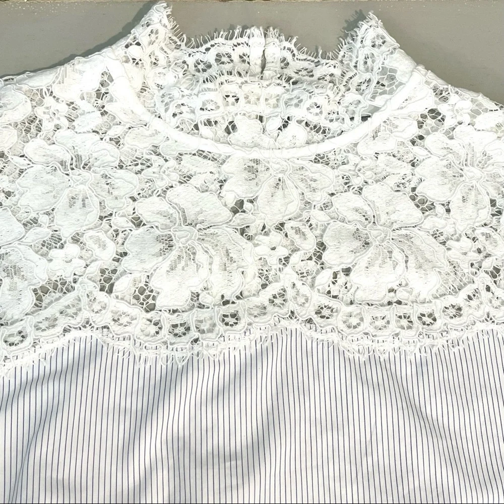 SANDRO | 🤍 White Lace Mock Neck Blouse w/ Thin Pinstripe Panel | Size 1 (Small) - Picture 8 of 16
